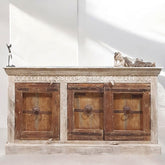 Indian Handmade Carved Solid Wood 3 Door Whitewash Frame With Natural Doors Sideboard